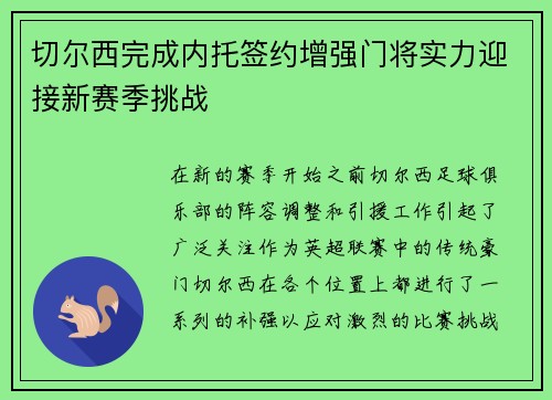 切尔西完成内托签约增强门将实力迎接新赛季挑战