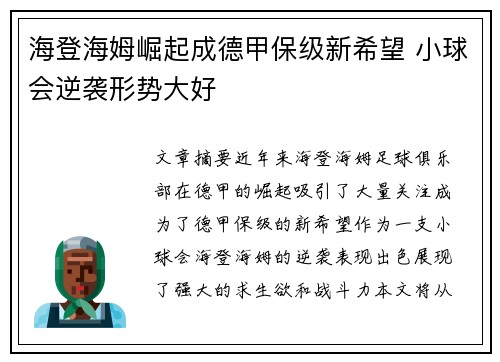 海登海姆崛起成德甲保级新希望 小球会逆袭形势大好