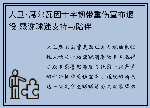 大卫·席尔瓦因十字韧带重伤宣布退役 感谢球迷支持与陪伴
