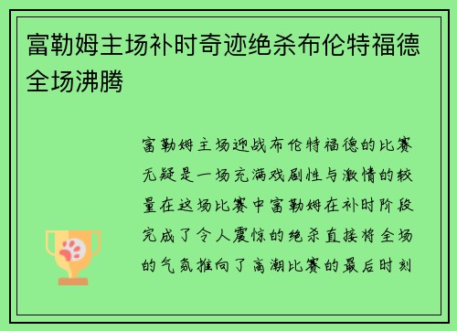 富勒姆主场补时奇迹绝杀布伦特福德全场沸腾