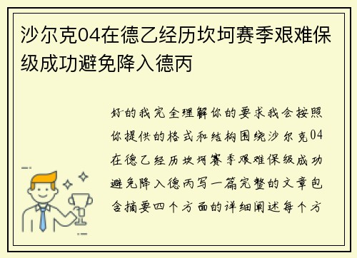 沙尔克04在德乙经历坎坷赛季艰难保级成功避免降入德丙